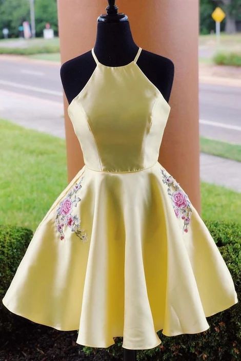 Formal yellow short homecoming dresses, chic homecoming dresses with embroidery  cg3649