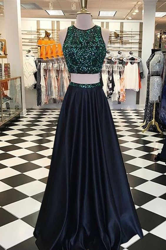 Two Piece Jewel Floor-Length Navy Blue Prom Dress with Beading cg3665