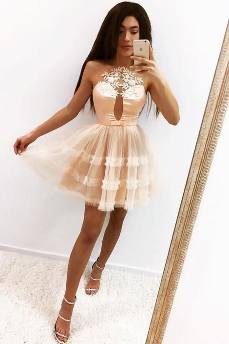 Champagne tulle short homecoming dress  cg3673