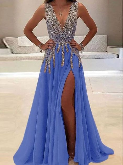 Sexy Blue Sequins Deep V Neck prom Dress cg3674