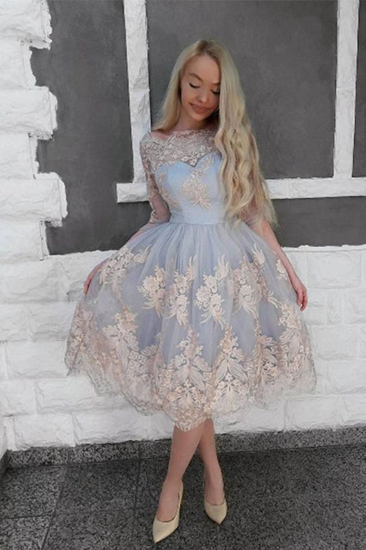 A-Line Bateau Half Sleeves Tea-Length Light Blue Homecoming Dress with Appliques cg3707