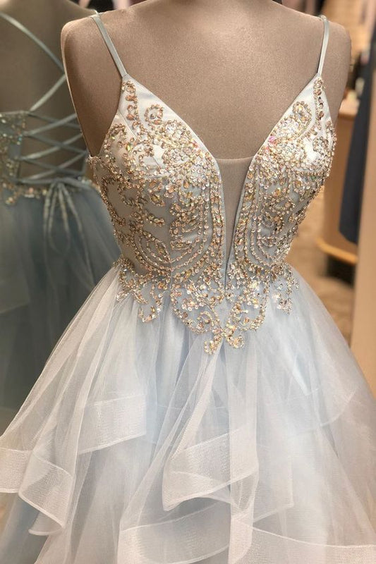 A Line Spaghetti Straps Light Sky Blue Short Homecoming Dress With Beading cg3714