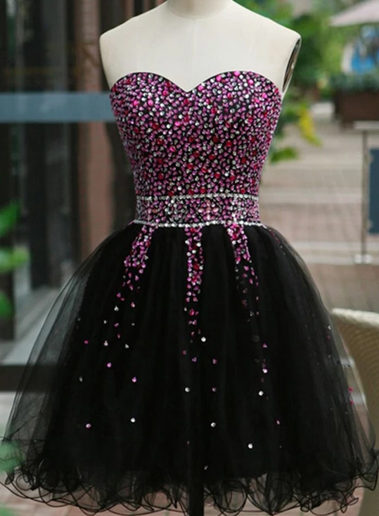 Lovely Beaded Black Tulle Short Homecoming Dress, Lace-Up Black Formal Dress cg3716