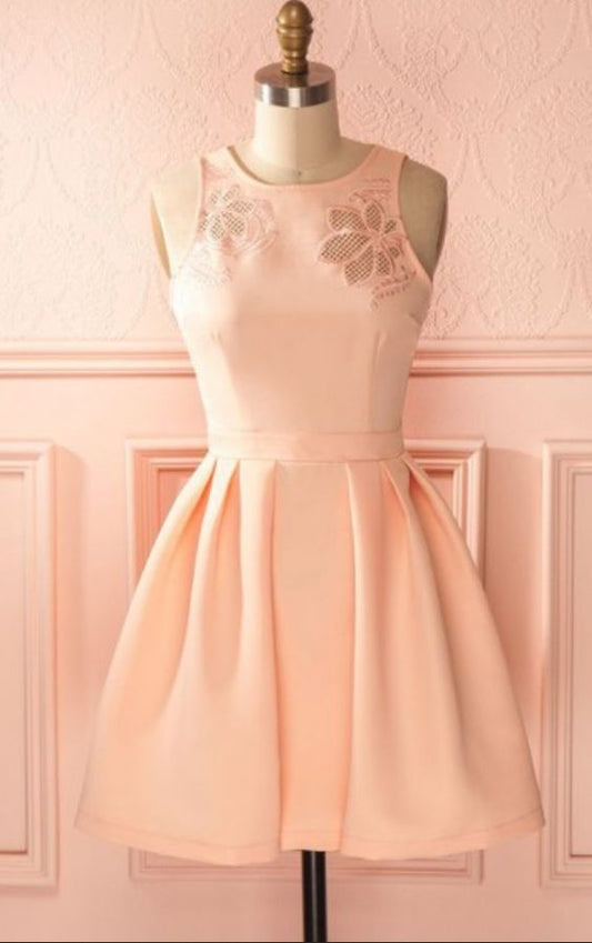 A-Line Crew Hollow Short Coral Satin Homecoming Dress cg3721