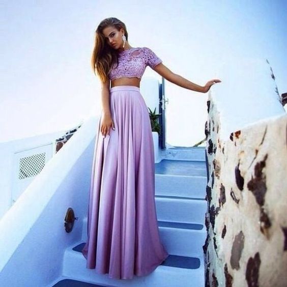 Appliques Stretch Satin Two Pieces Lilac Prom Dresses cg3748