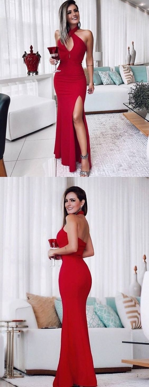 Halter Red Mermaid Backless Sexy Slit Prom Dresses cg3755