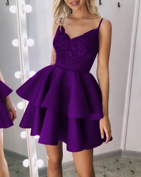 Short Satin Ruffles Purple Homecoming Dresses Lace V Neck cg3761