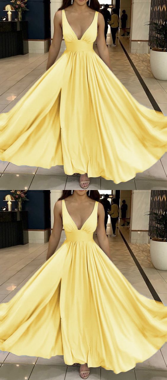 long yellow bridesmaid prom dresses plunge v neck cg3768