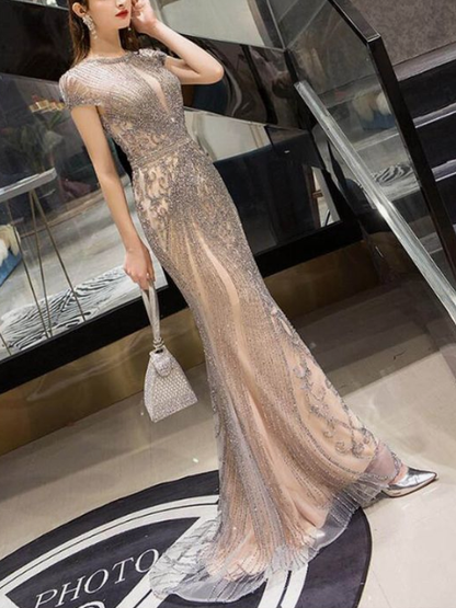 Champagne Long Mermaid Prom Dresses with Full Beading vestido de fiesta  cg3769