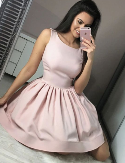 Cute pink round neck satin short dress, homecoming dress cg3770