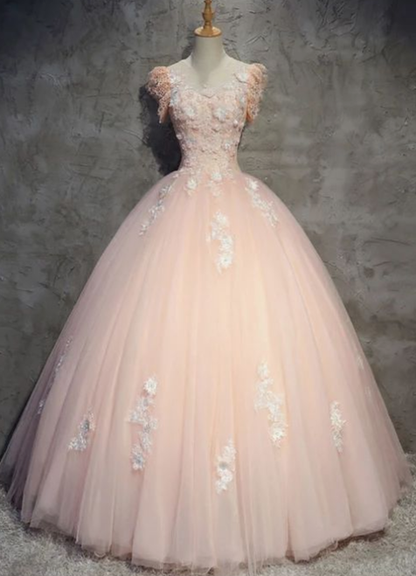 2019 Pink tulle lace long prom gown, pink evening dress cg3771