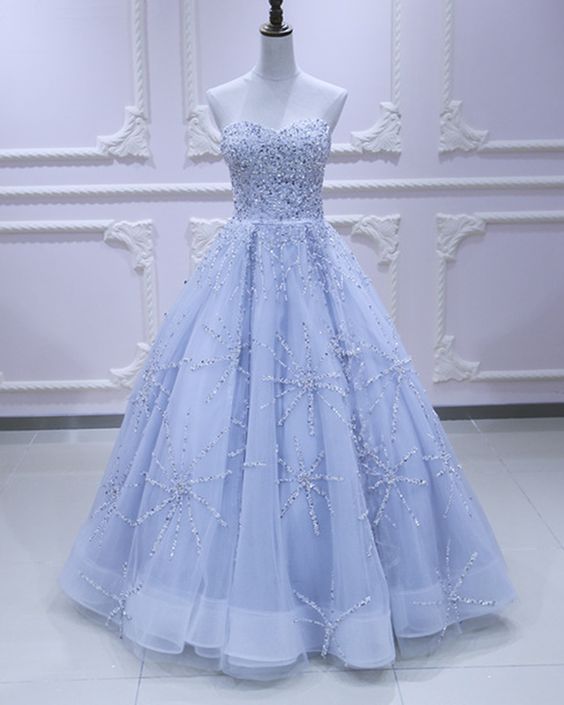 Sweetheart neck light blue tulle sequins long evening dress, long prom dress  cg3773