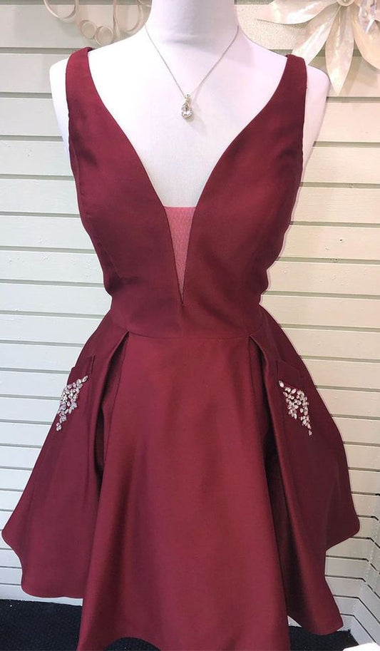 Sexy V-Neck Burgundy Satin Short Homecoming Dress cg3803