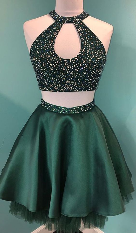 Unique Halter Beaded Green Satin Cute Two Piece Homecoming Dress cg3805