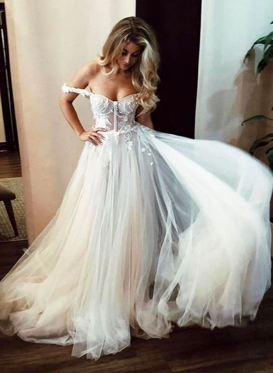 White tulle lace long prom dress, off shoulder evening dress cg3828