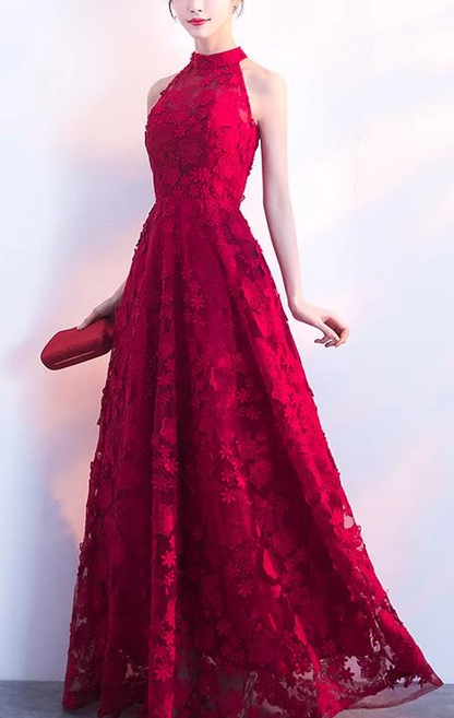 Charming Red Halter Lace Floor Length Party Dress, Red Prom Dress cg3836