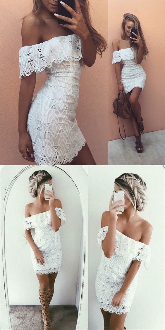 Sheath Off-the-Shoulder White Lace Homecoming Dress cg384