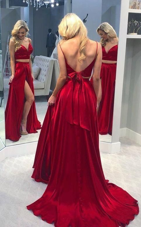 Sexy V Neck Backless Spaghetti Straps Two Piece prom dress Two Piece, Red Front-split Long Evening Dress cg3841