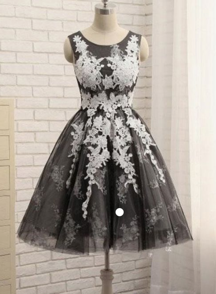 scoop neck white & black lace appliqued a-line homecoming dress cg3853