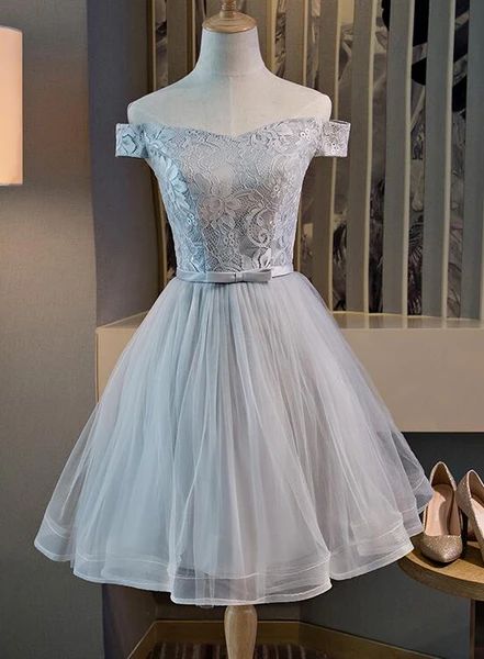 Cute Off the Shoulder Lace and Tulle Knee Length Party Dress, Homecoming dress cg3863