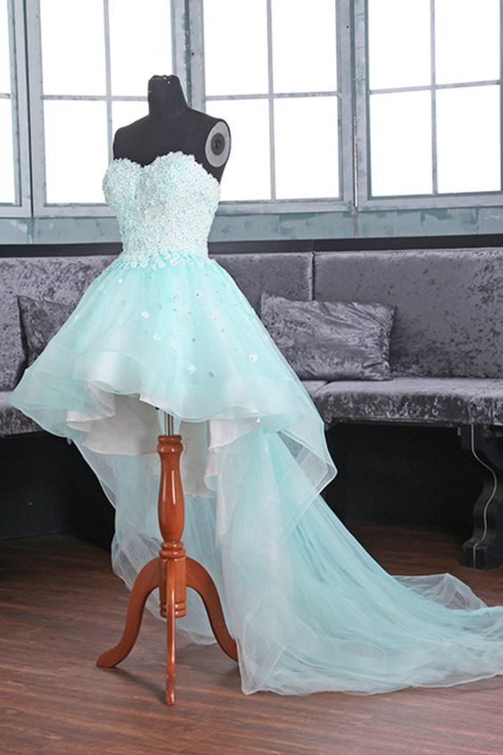 Ice blue organza lace applique high low long prom dresses cg3864