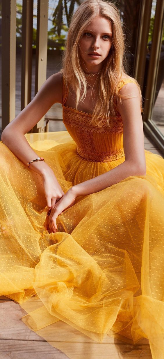 Chic A Line Long Prom Dress Yellow Tulle Prom Dress cg3868