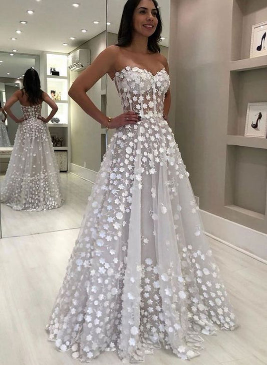 White prom dress,sweetheart neck prom dress,flower prom dress,tulle prom dress,long prom dress cg3871