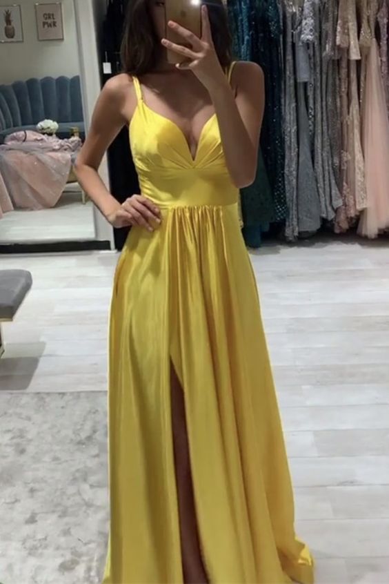 long yellow gold prom dress simple satin split evening gown cg3882