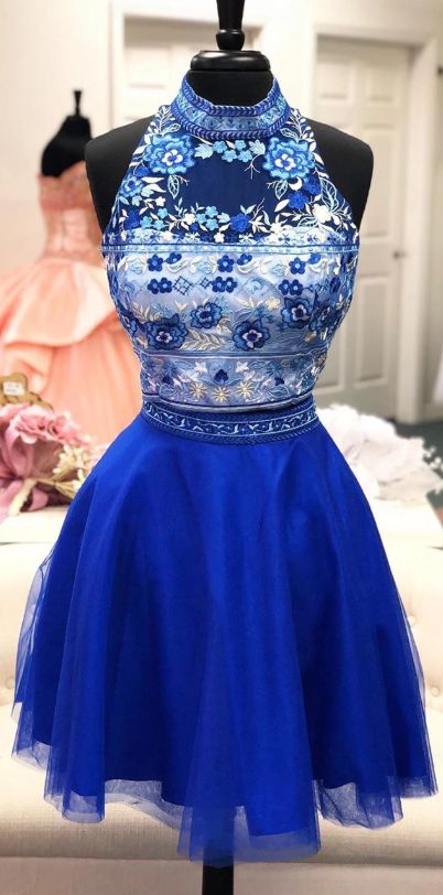 two piece royal blue homecoming dress with high neck and floral top cg3900