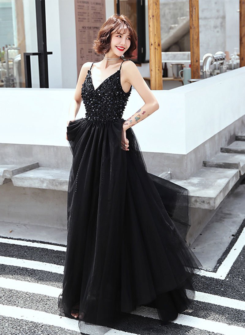 Black v neck tulle sequins long prom dress, evening dress cg3912
