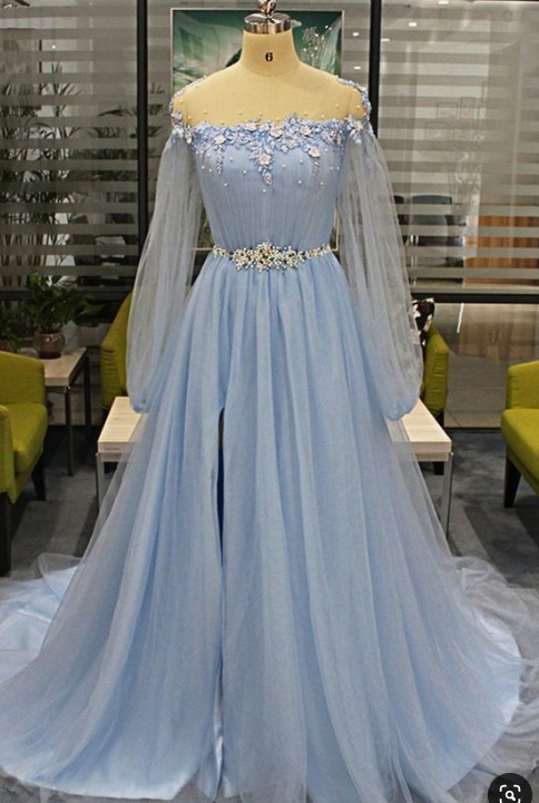 Custom Made Tulle Light Blue Long Prom Dress, Appliques Evening Dress for Prom cg3923