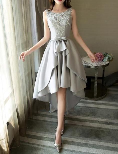 Grey Satin And Lace High Low Party Dress, Round Neckline Charming Homecoming dress cg3965