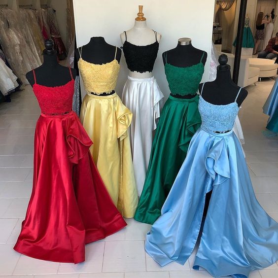 Two Piece Prom Dress, Red Long Prom Dress, Red Prom Dress with Pockets  cg3986