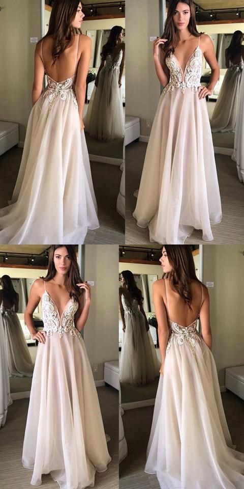 Deep V-neck Spaghetti Straps Lace Appliqued Beach Wedding Dress,Sexy Prom Dresses cg399