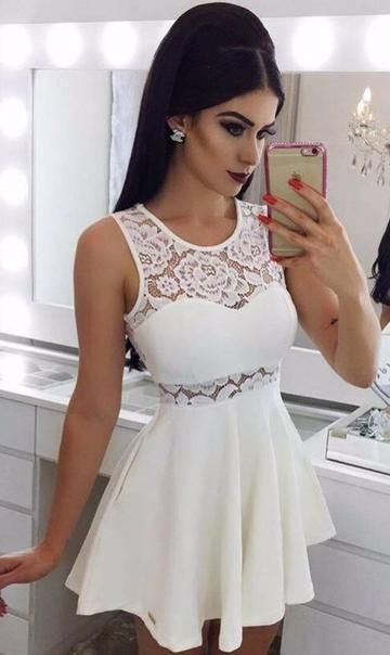 A-Line Crew Short White Homecoming Dress with Lace Pockets cg3997