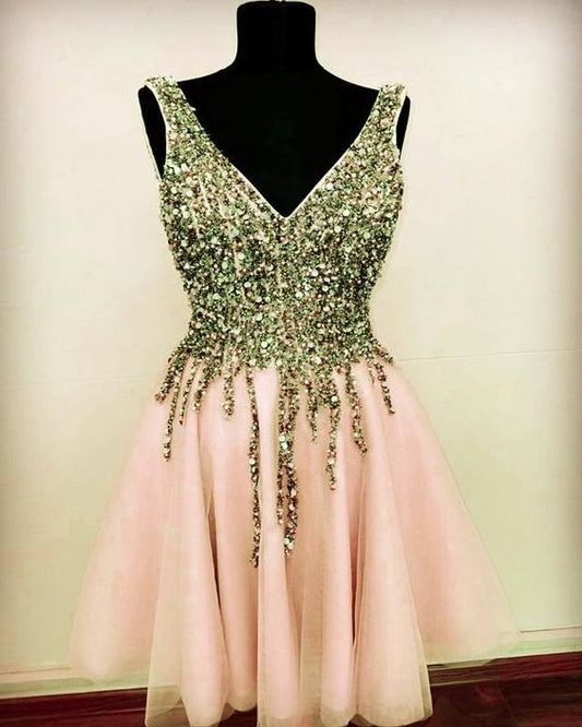 Short Tulle Homecoming Dresses V Neck Sequin Beaded cg4001