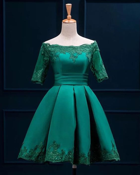 short green satin homecoming dresses lace off the shoulder cg4004