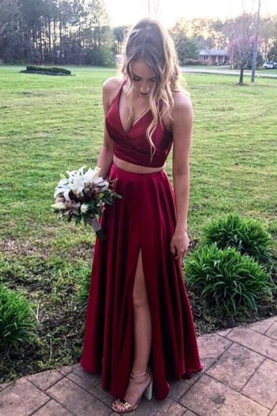 two piece burgundy long prom dresses, 2020 burgundy prom dresses with slit  cg4017