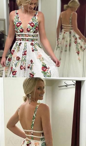 A-Line Deep V-neck Embroidery Long Lace Prom Dresses cg402