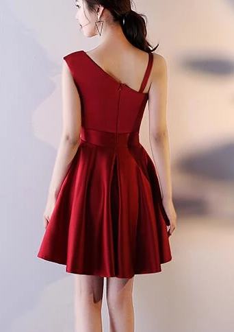 Beautiful Dark Red Satin One Shoulder Mini Party Dress, Wine Red Homecoming Dress cg4020