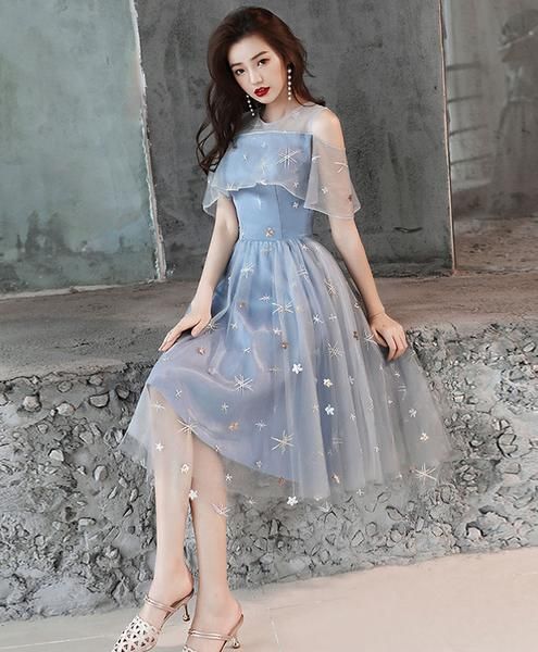 Blue tulle lace short dress, blue homecoming dress cg4021