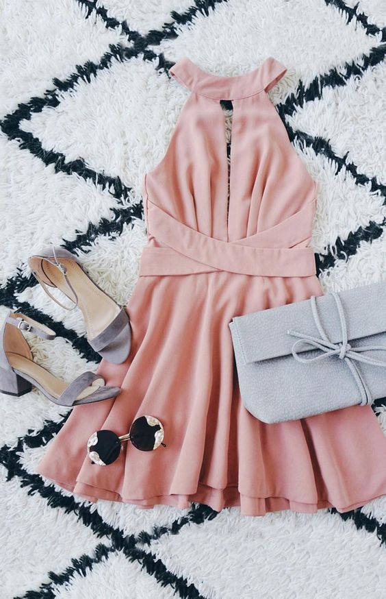 Chic Blush Skater Dress,Backless Homecoming Dress,Pleated Halter Short Dress cg4025