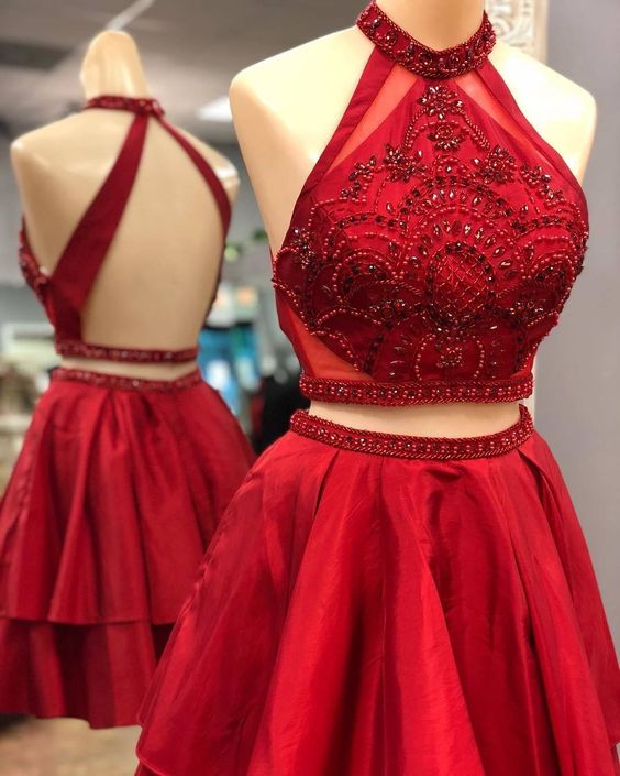 Two Piece Short Red Homecoming Dress with Backless cg4037