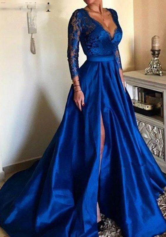 Royal Blue V-Neck Evening Dresses Lace Illusion Long Sleeve Satin Party Formal prom dress cg4038