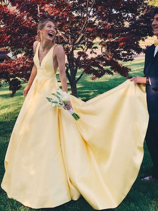 Sexy V Neck Yellow Satin A Line Long Prom Dresses, Backless Formal Dresses cg404