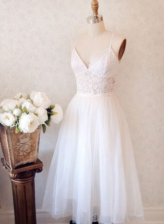 White lace v neck short dress, homecoming dress cg4042