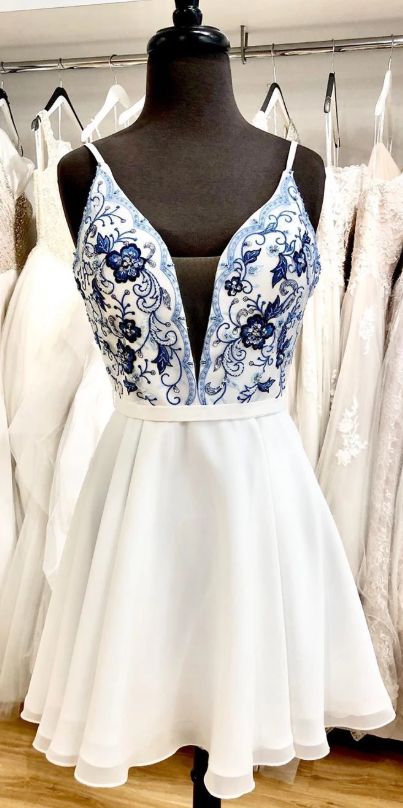 cute short whtie and blue floral embroidery short dress homecoming dress cg4047
