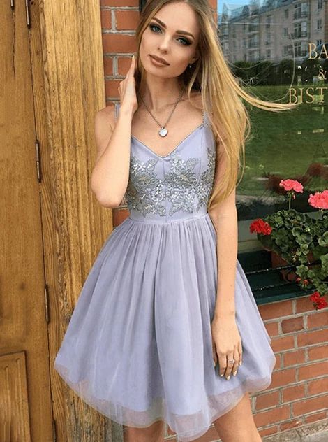 Cute A Line Straps Short Grey Tulle Homecoming Dress with Appliques cg4060