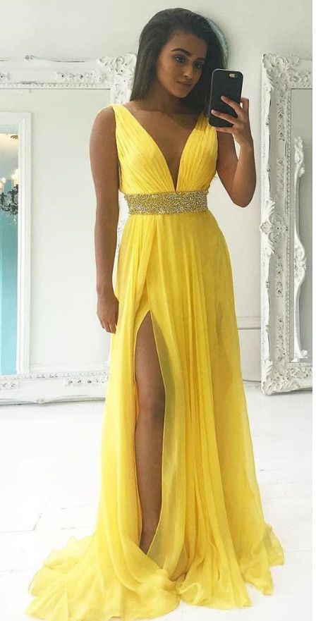 Sexy Slit Yellow Prom Dress,Deep V-neckline Evening Dress cg4076