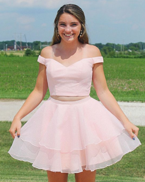 Two Pieces A Line Off The Shoulder Pink Homecoming Dress With Beading cg4081